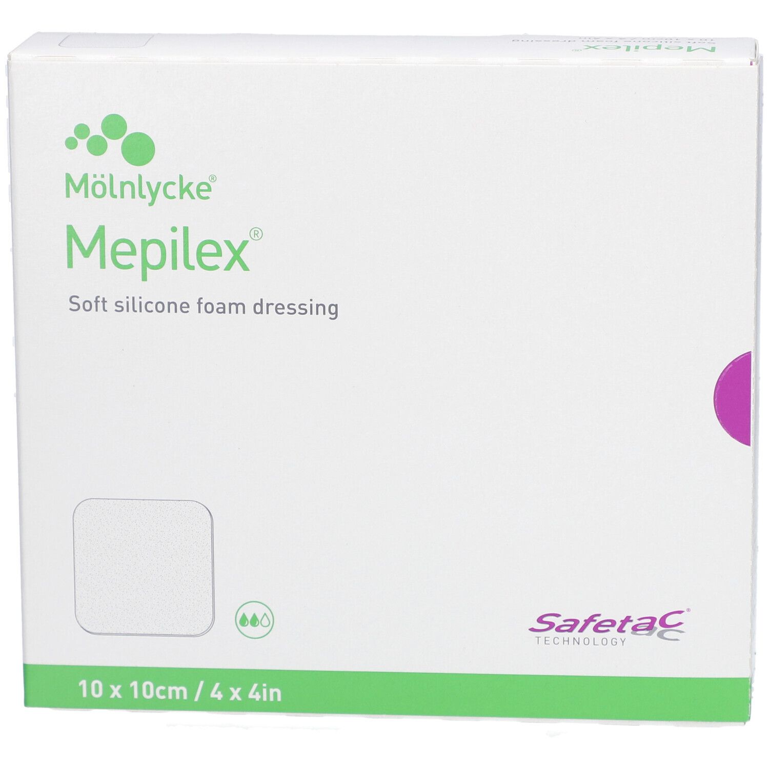 Vorderansicht der Mepilex Border Flex Lite Verpackung. Weichsilikon-Schaumverband, 10x10 cm. Weiß mit grünen Akzenten.