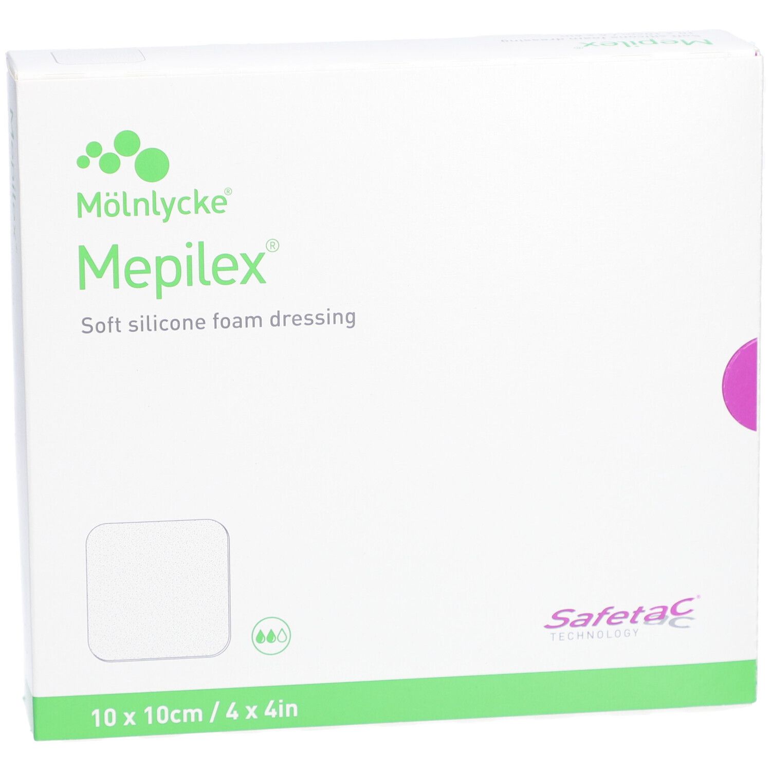 Vorderansicht der Mepilex Border Flex Lite Verpackung. Weichsilikon-Schaumverband, 10x10 cm. Weiß mit grünen Akzenten.