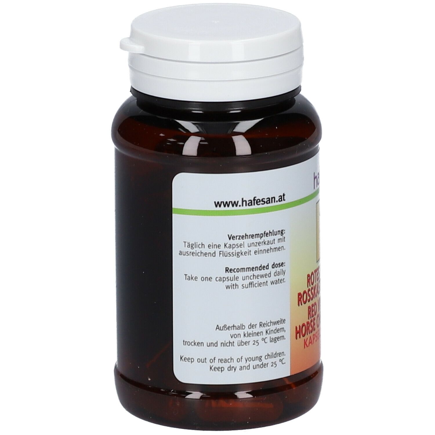 Rückseite der braunen Kapsel-Dose mit weißem Deckel. Text: Verzehrempfehlung, www.hafesan.at, Vorsichtshinweise.