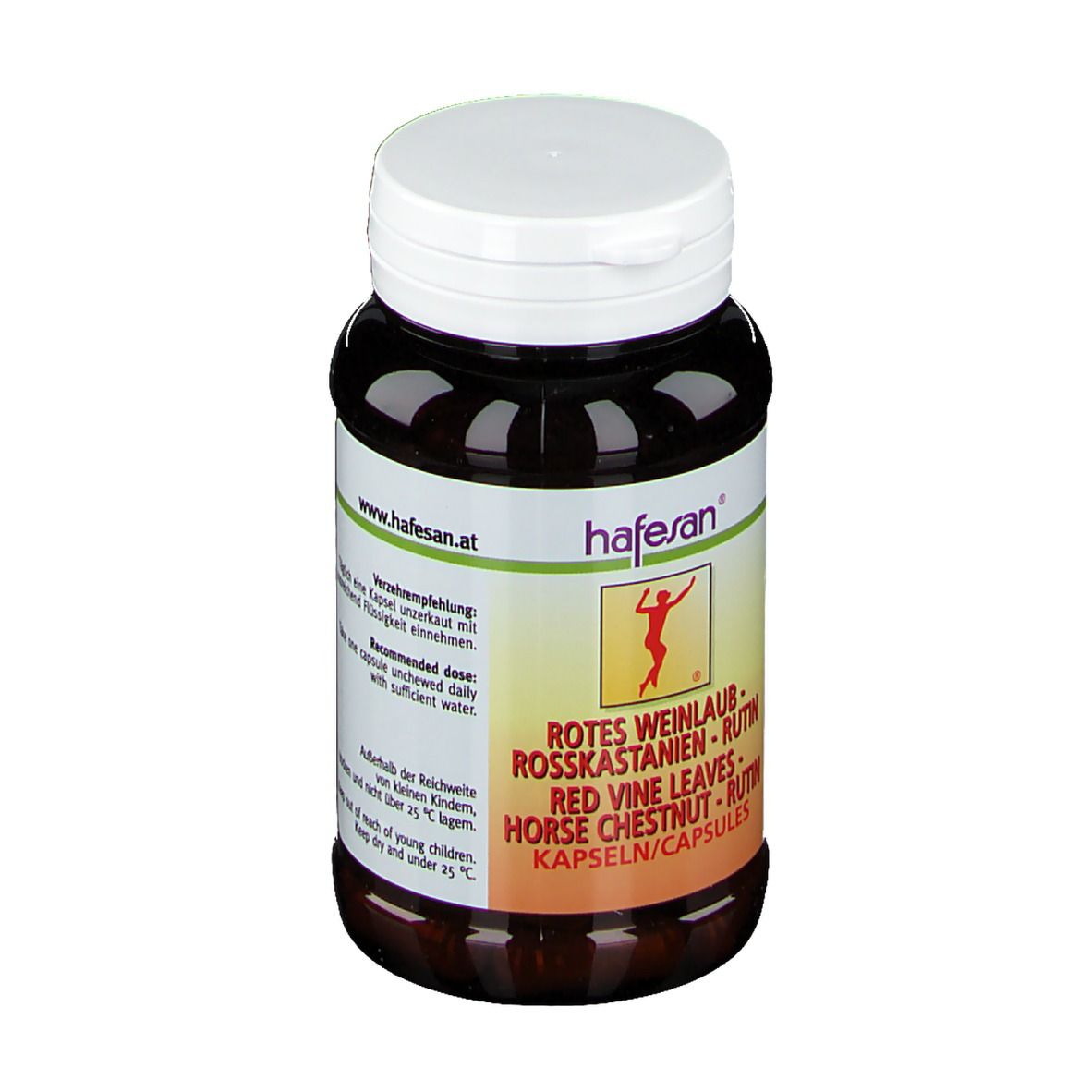 Braune Kapsel-Dose mit weißem Deckel. Aufschrift: hafesan®, Rotes Weinlaub, Rosskastanien, Rutin. 60 Kapseln.