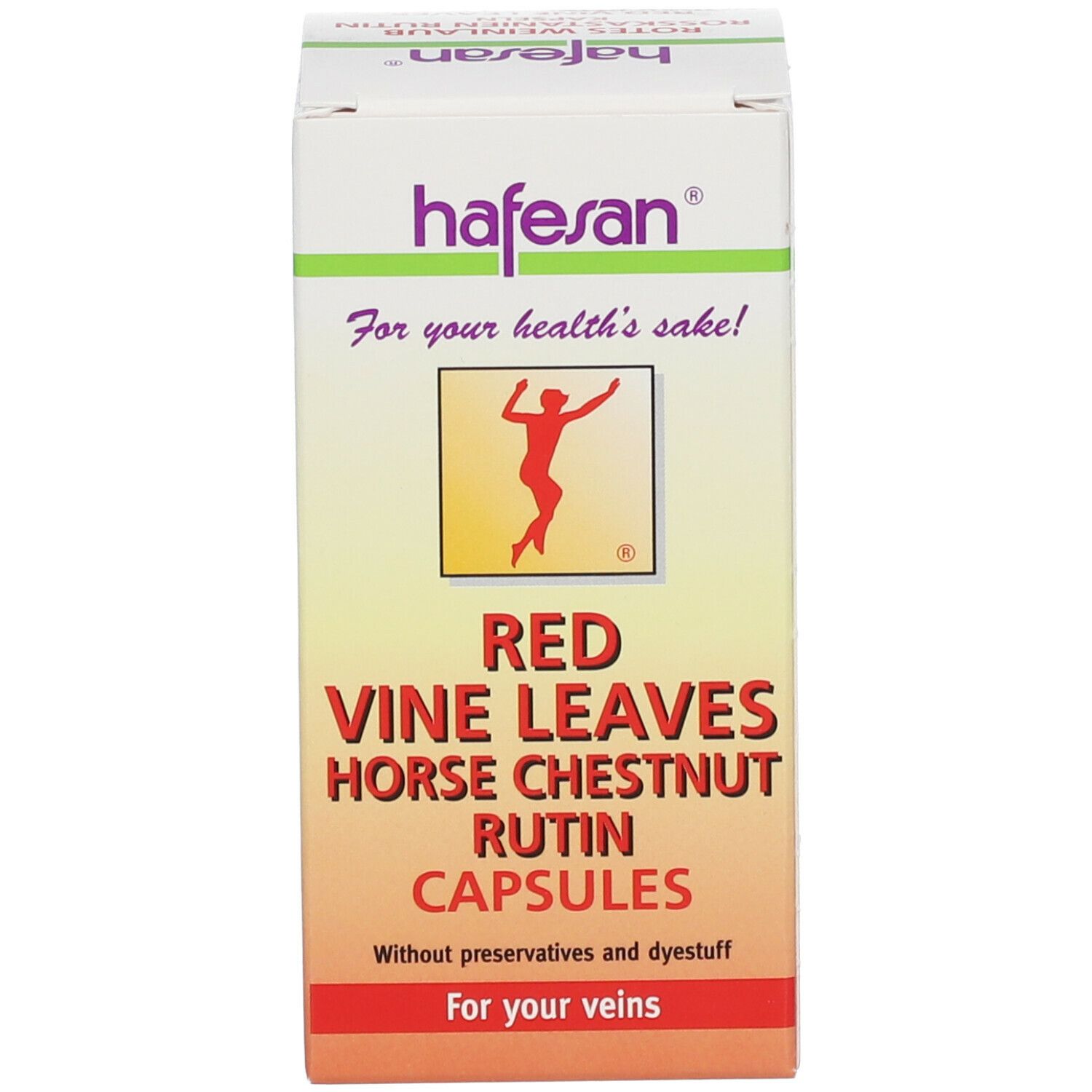 Weiße Schachtel mit Aufschrift: hafesan®, Rotes Weinlaub, Rosskastanien, Rutin. Ohne Konservierungsstoffe.