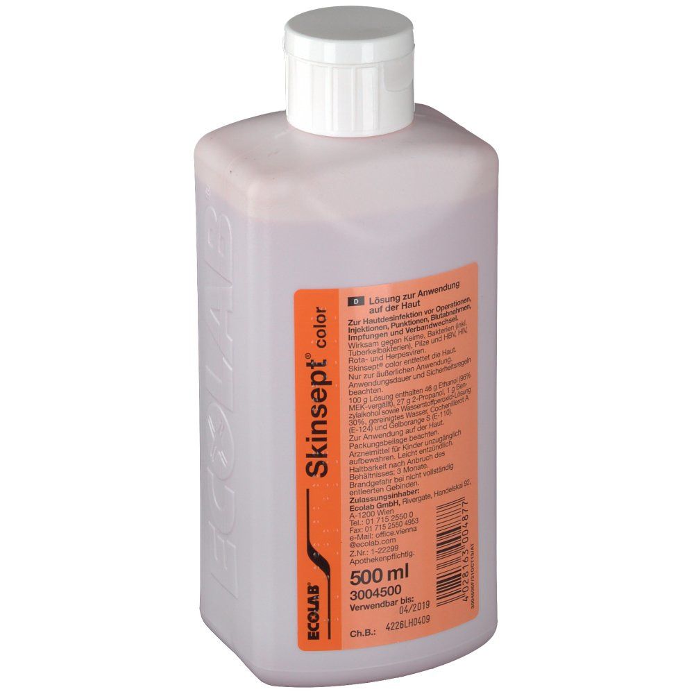 Flasche mit weißem Verschluss. Etikett mit Produktname Skinsept color und Text. Orangefarbenes Etikett mit Produktinformationen.