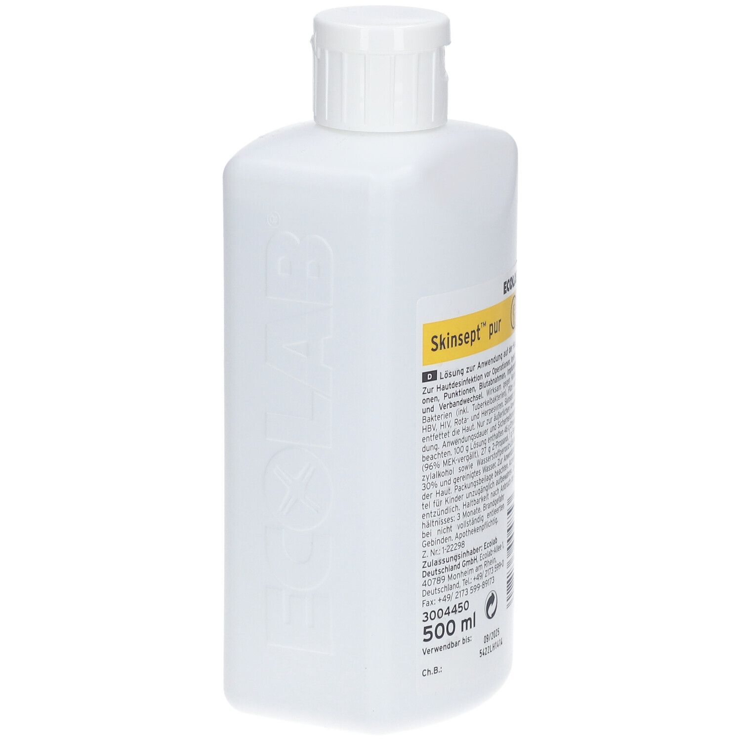 Weiße Flasche mit Schraubverschluss. Aufschrift Skinsept® pur und ECOLAB. 500 ml.