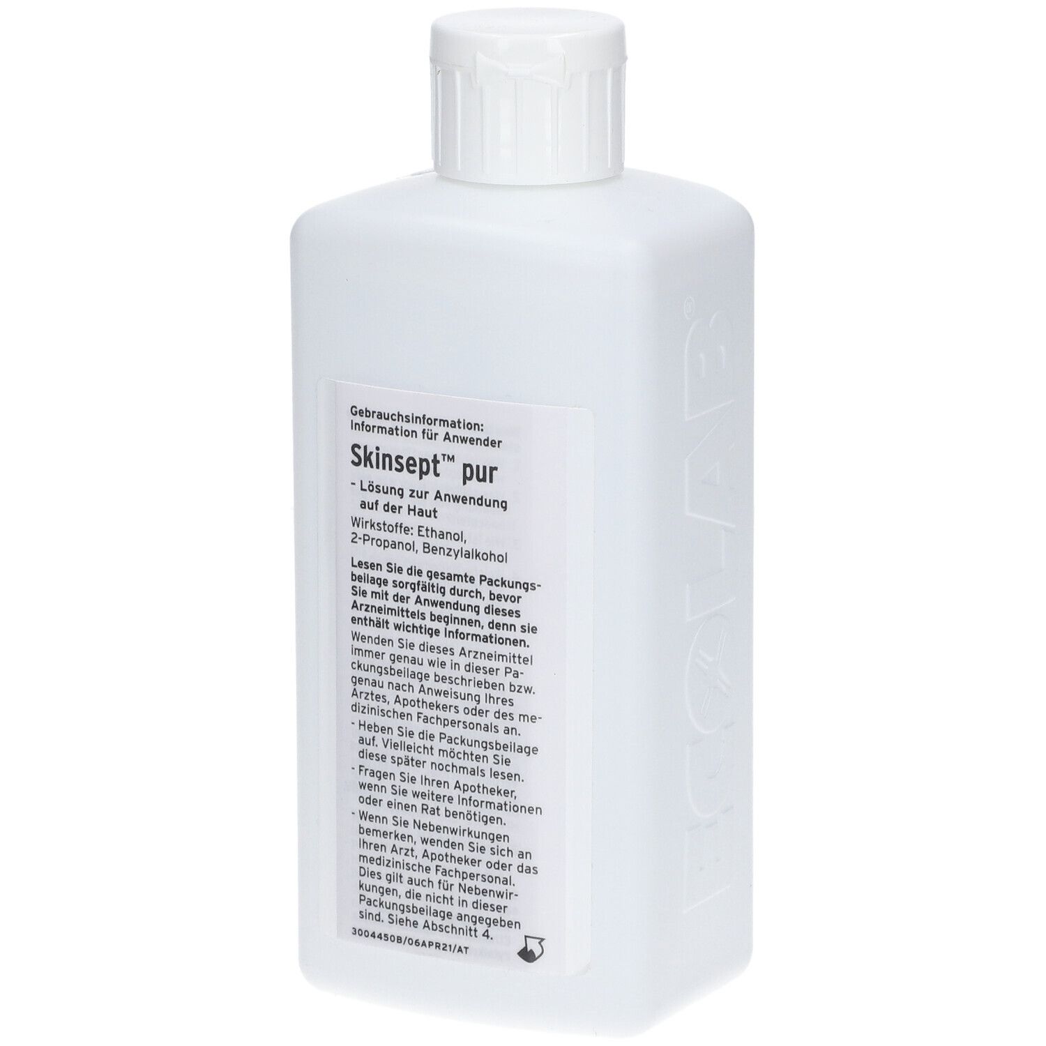 Weiße Flasche mit Schraubverschluss. Aufschrift Skinsept® pur und ECOLAB. 500 ml.