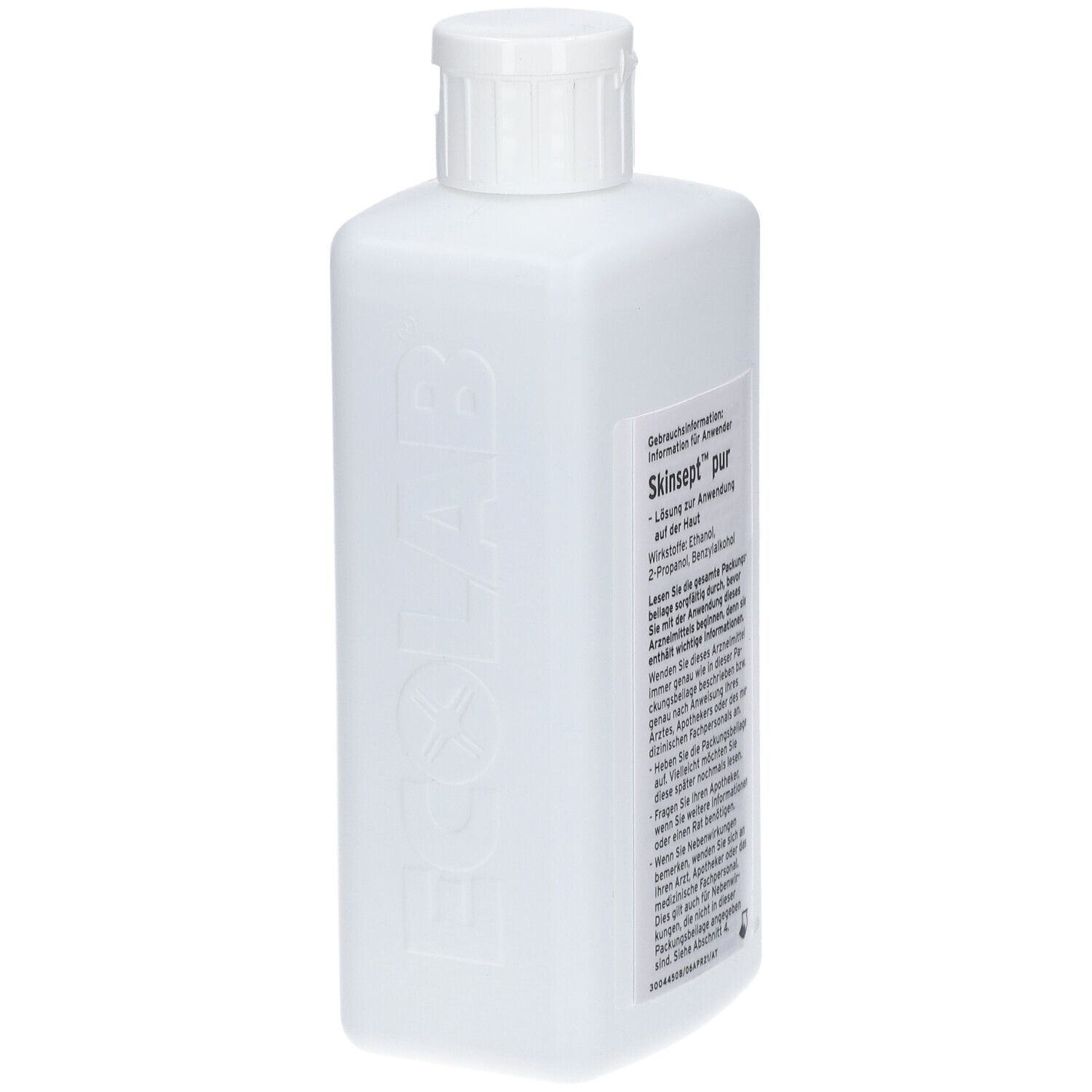 Weiße Flasche mit Schraubverschluss. Aufschrift Skinsept® pur und ECOLAB. 500 ml.