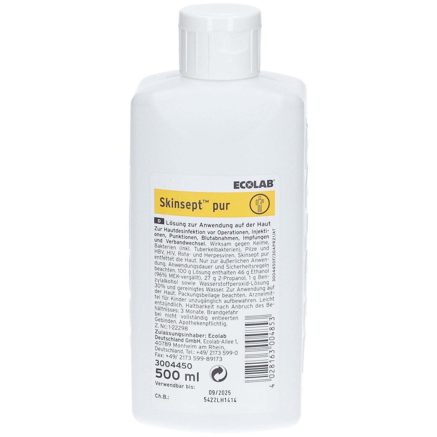 Weiße Flasche mit Schraubverschluss. Aufschrift Skinsept® pur und ECOLAB. 500 ml.