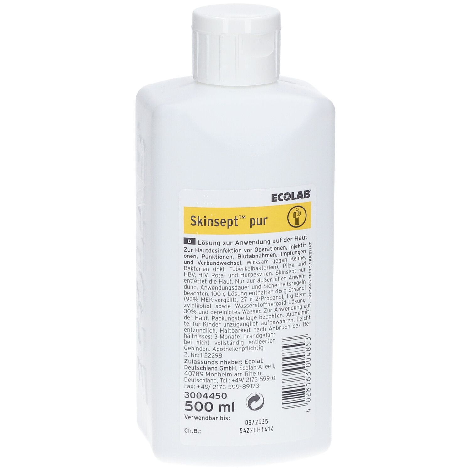 Weiße Flasche mit Schraubverschluss. Aufschrift Skinsept® pur und ECOLAB. 500 ml.