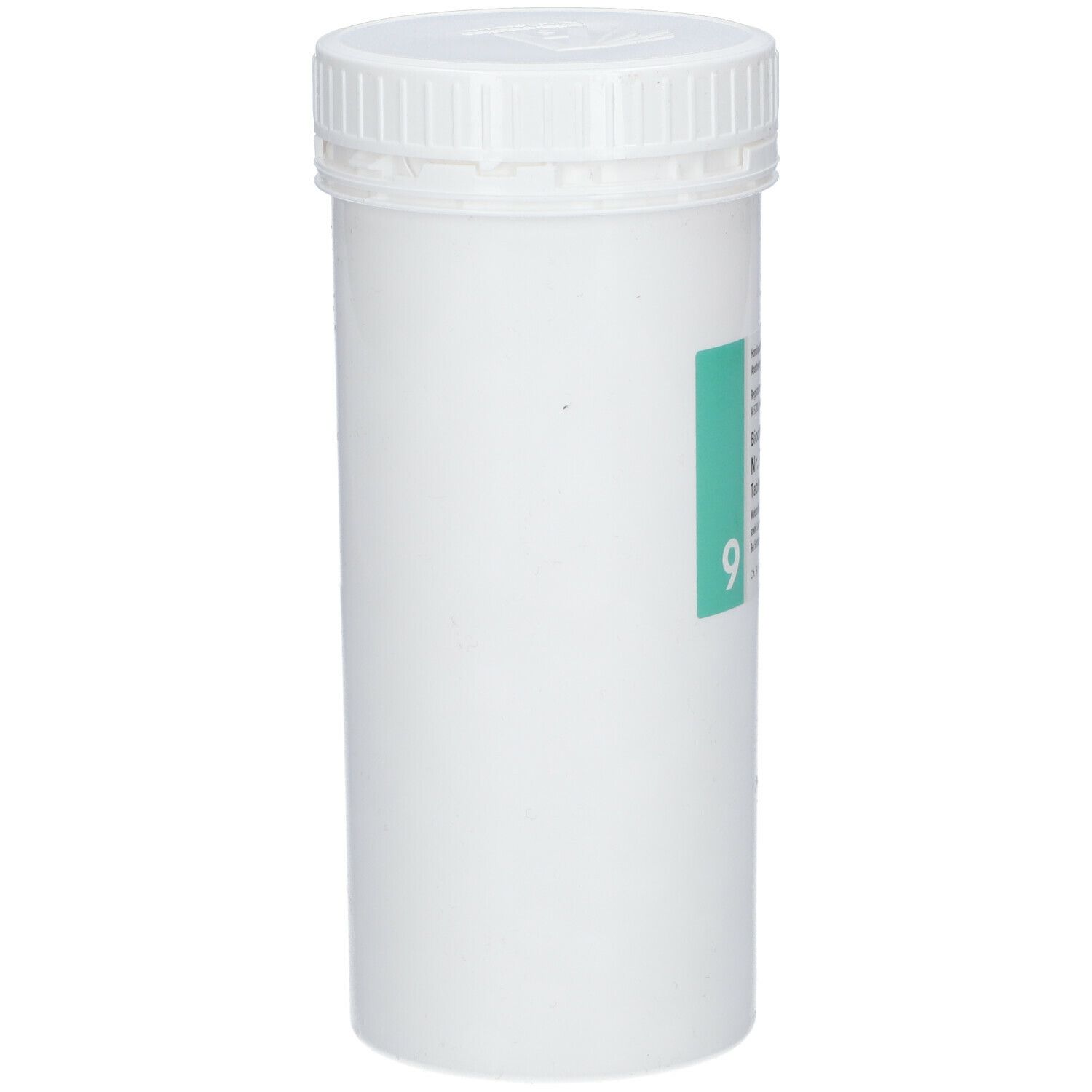 Weiße zylindrische Dose mit Schraubverschluss. Kleiner grüner Aufkleber mit Produktinformationen.