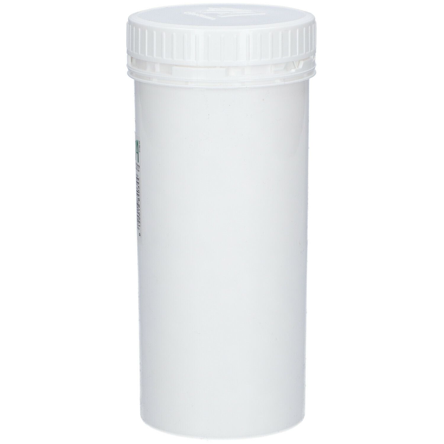 Weiße zylindrische Dose mit Schraubverschluss. Etikett mit Produktinformationen teilweise sichtbar.