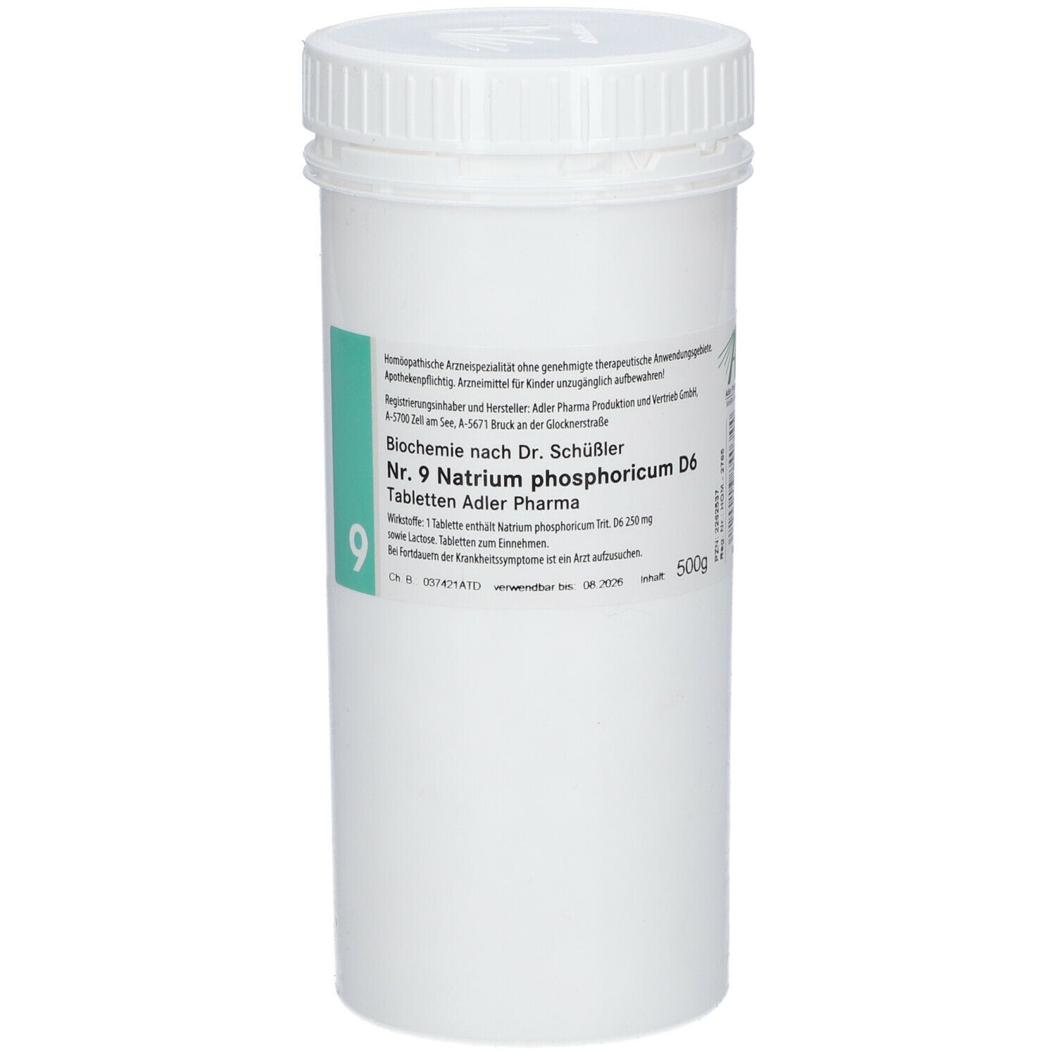 Weiße zylindrische Dose mit Schraubverschluss. Aufkleber mit Produktinformationen: Nr. 9 Natrium phosphoricum D6, Adler Pharma, 500g.