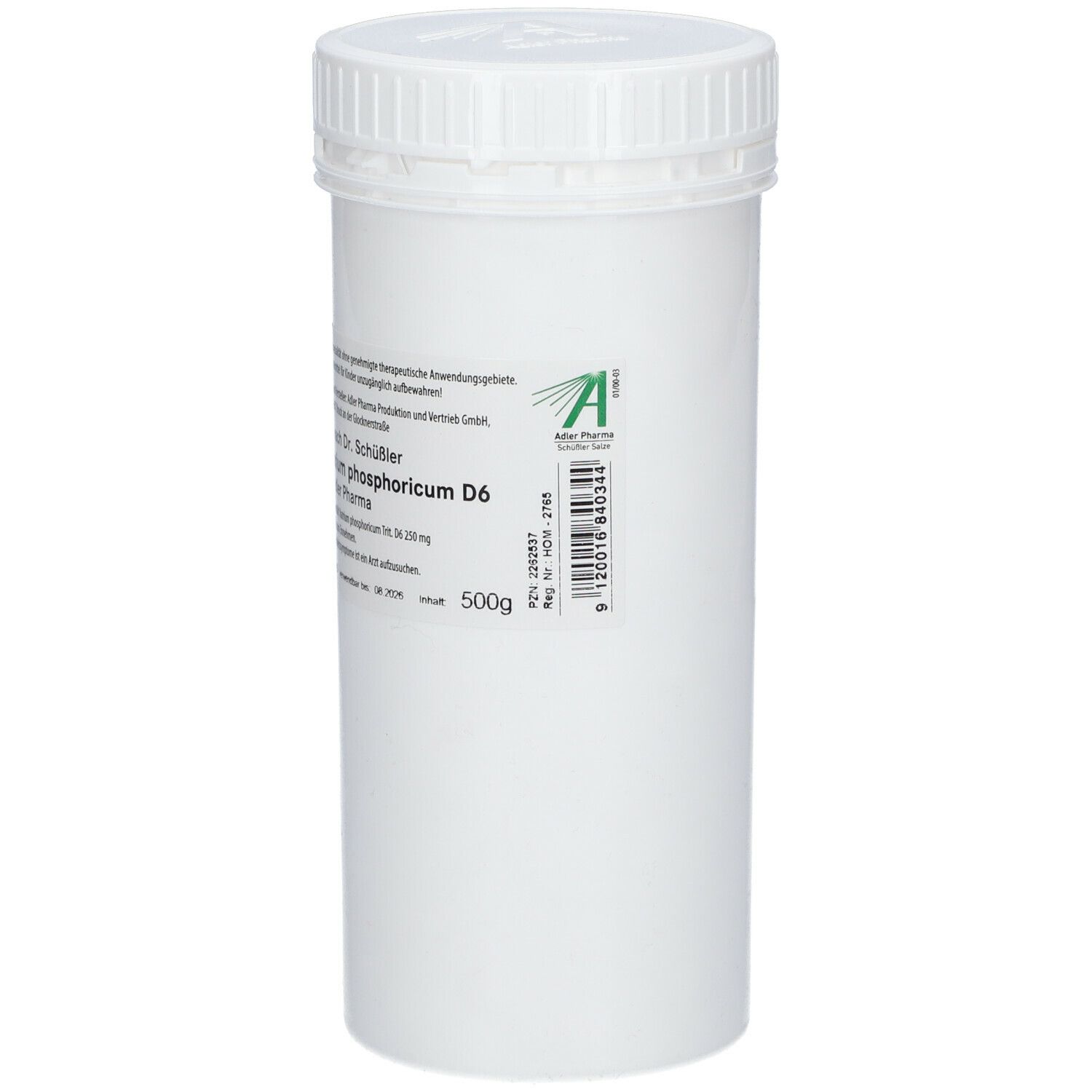 Weiße zylindrische Dose mit Schraubverschluss. Aufkleber mit Produktinformationen, Adler Pharma Logo, 500g.
