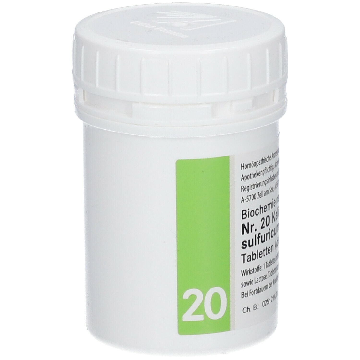 Weiße Tablettendose mit grünem Etikett und der Zahl 20. Aufschrift: Nr. 20 Kalium-Aluminium sulfuricum D12.