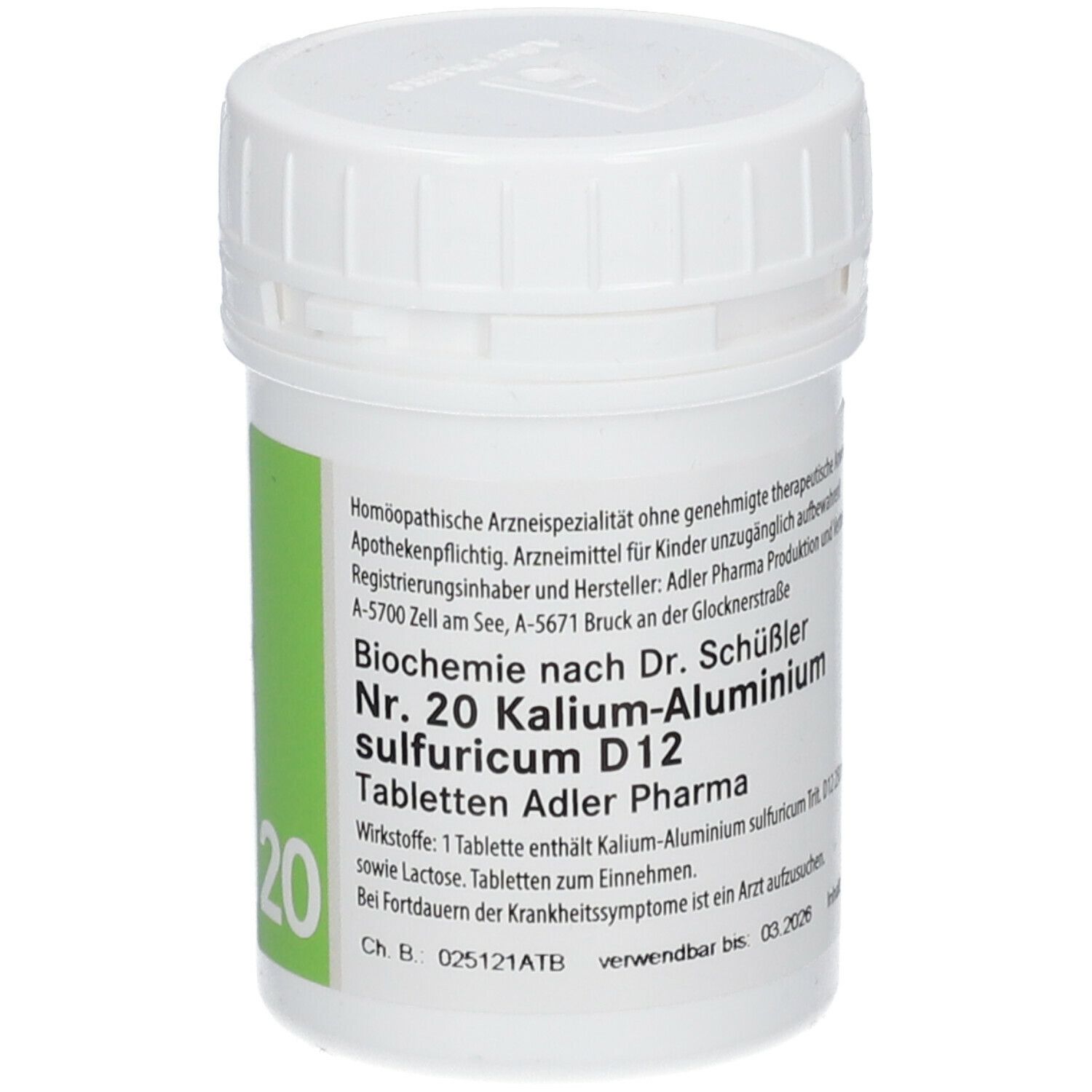 Weiße Tablettendose mit grünem Etikett. Beschriftung: Nr. 20 Kalium-Aluminium sulfuricum D12, Adler Pharma.