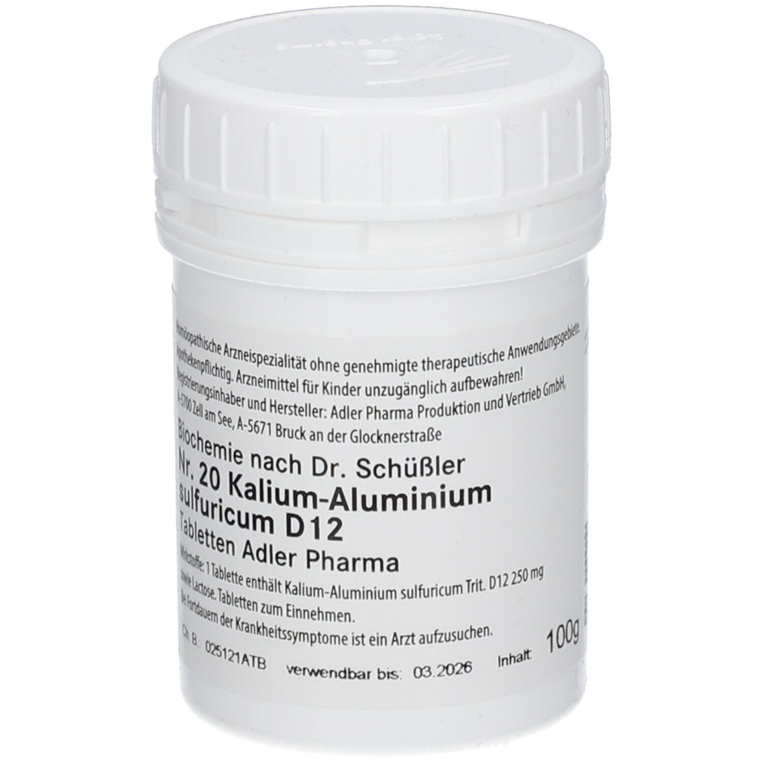 Weiße Tablettendose mit grünem Etikett. Beschriftung: Nr. 20 Kalium-Aluminium sulfuricum D12, Adler Pharma. 100g.