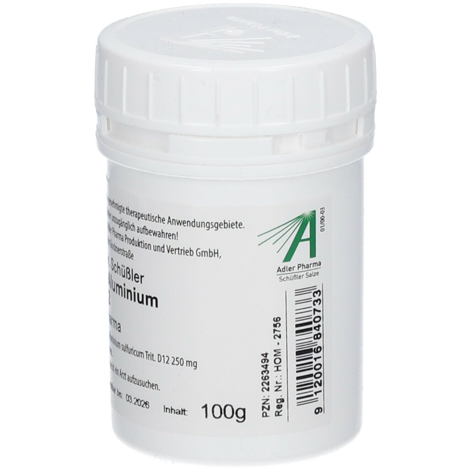 Weiße Tablettendose mit grünem Etikett. Beschriftung: Adler Pharma, 100g. Barcode und weitere Informationen.