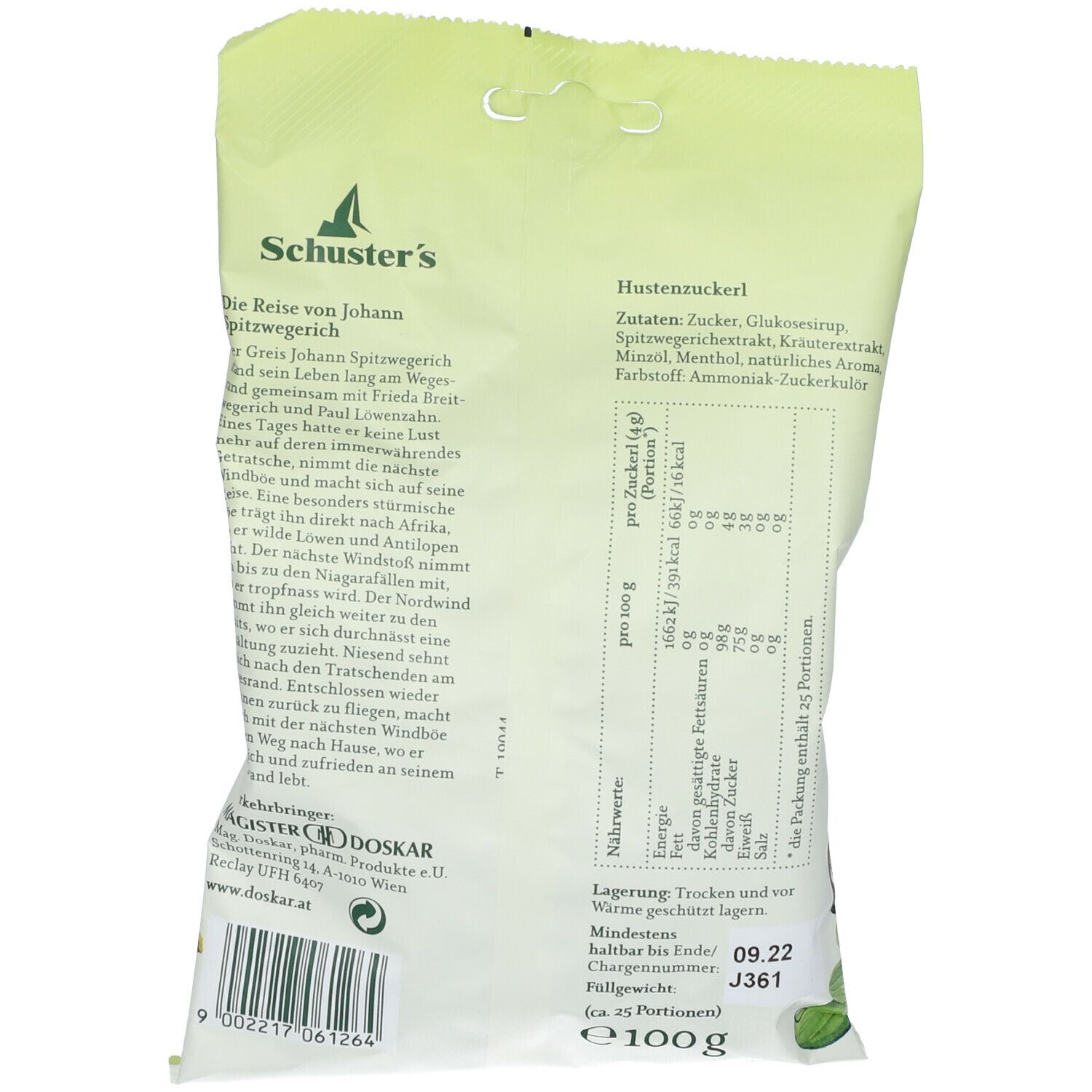 Rückseite der Hustenbonbon-Verpackung. Text mit Zutaten, Nährwerten und Herstellerinformationen. Schriftzug: Schuster's.