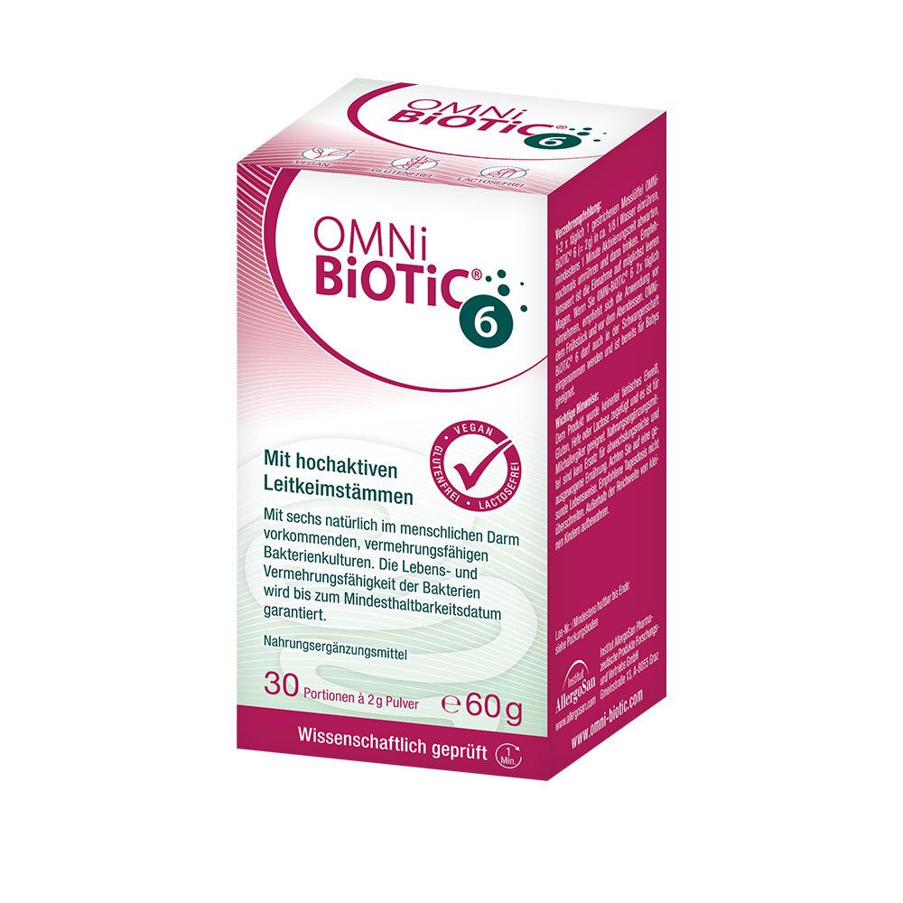 Boîte OMNi-BiOTiC® 6. Rectangulaire, avec nom et logo du produit. Contenu de 60g. Label végan.