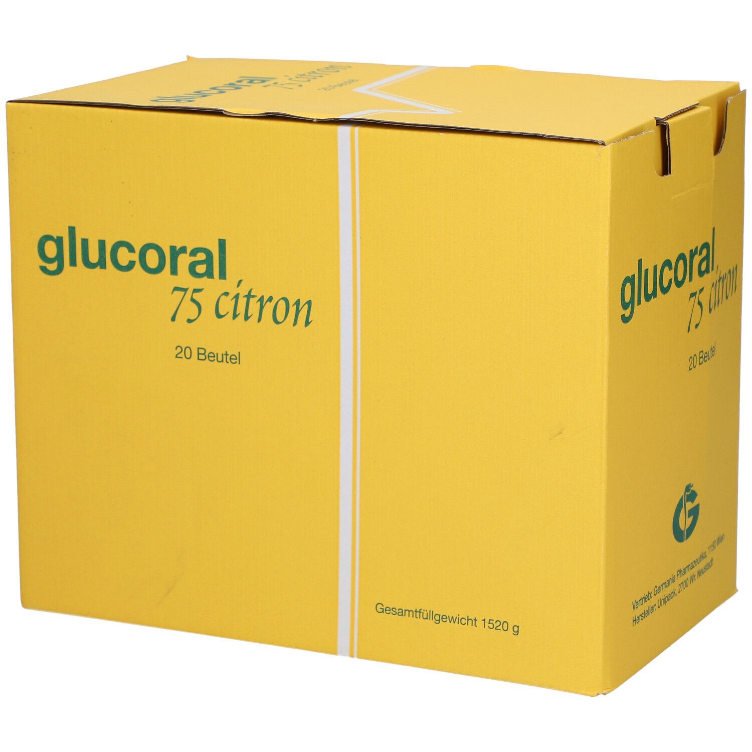 Gelbe Kartonverpackung mit grünem Schriftzug 'glucoral 75 citron'. Enthält 20 Beutel. Gesamtgewicht 1520 g.
