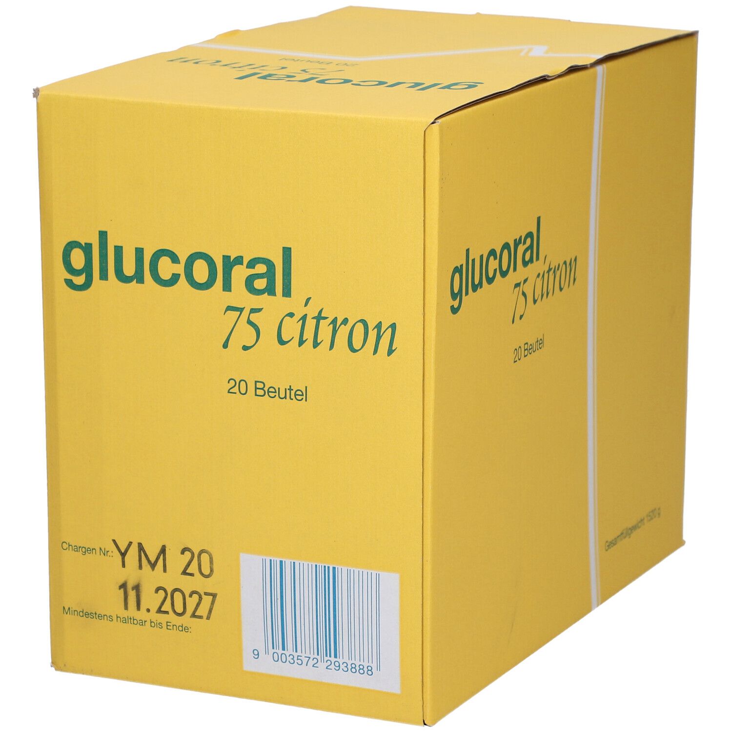Gelbe Kartonverpackung mit grünem Schriftzug 'glucoral 75 citron'. Enthält 20 Beutel. Chargennummer und Mindesthaltbarkeitsdatum.