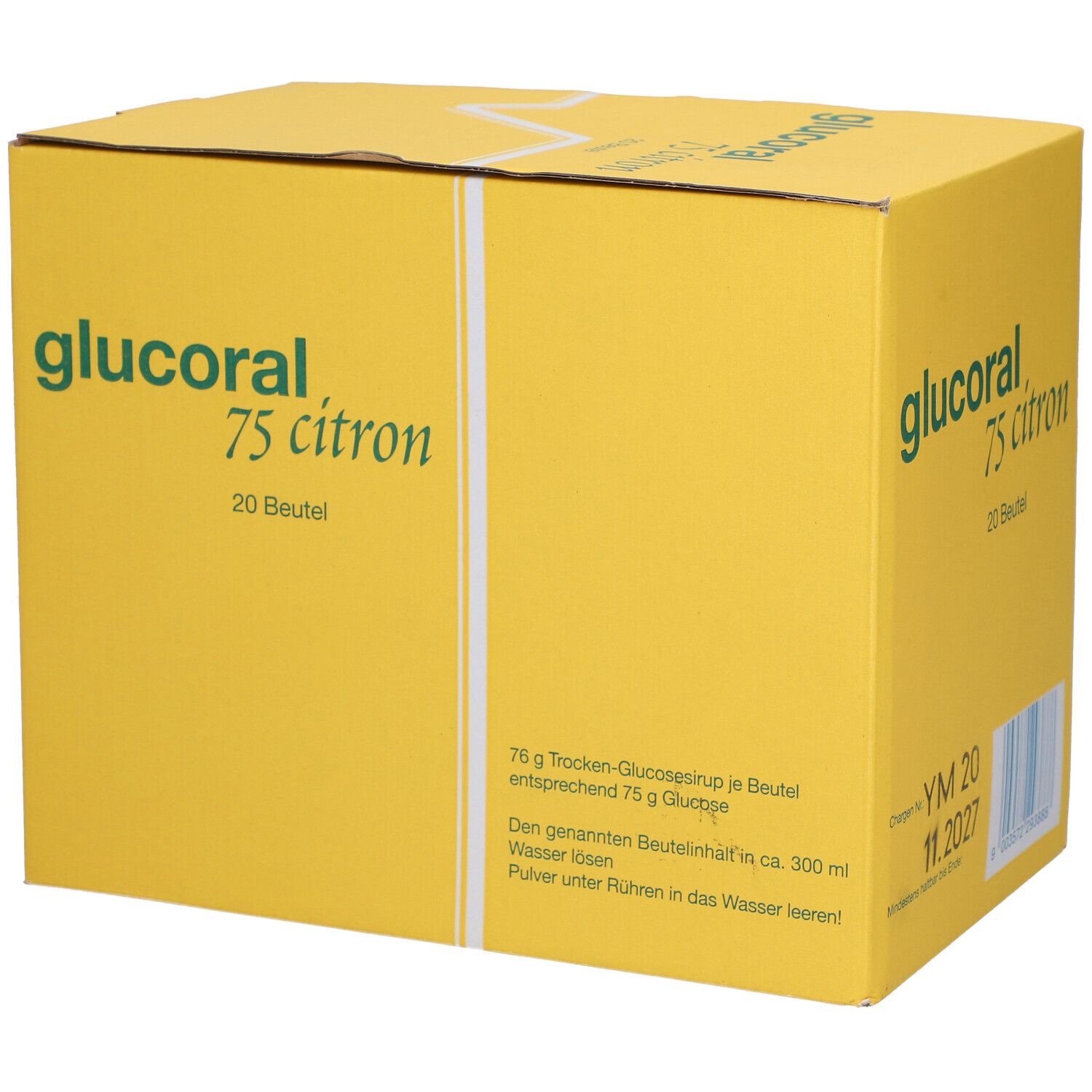 Gelbe Kartonverpackung mit grünem Schriftzug 'glucoral 75 citron'. Enthält 20 Beutel. Produktinformationen und Zubereitungshinweis.