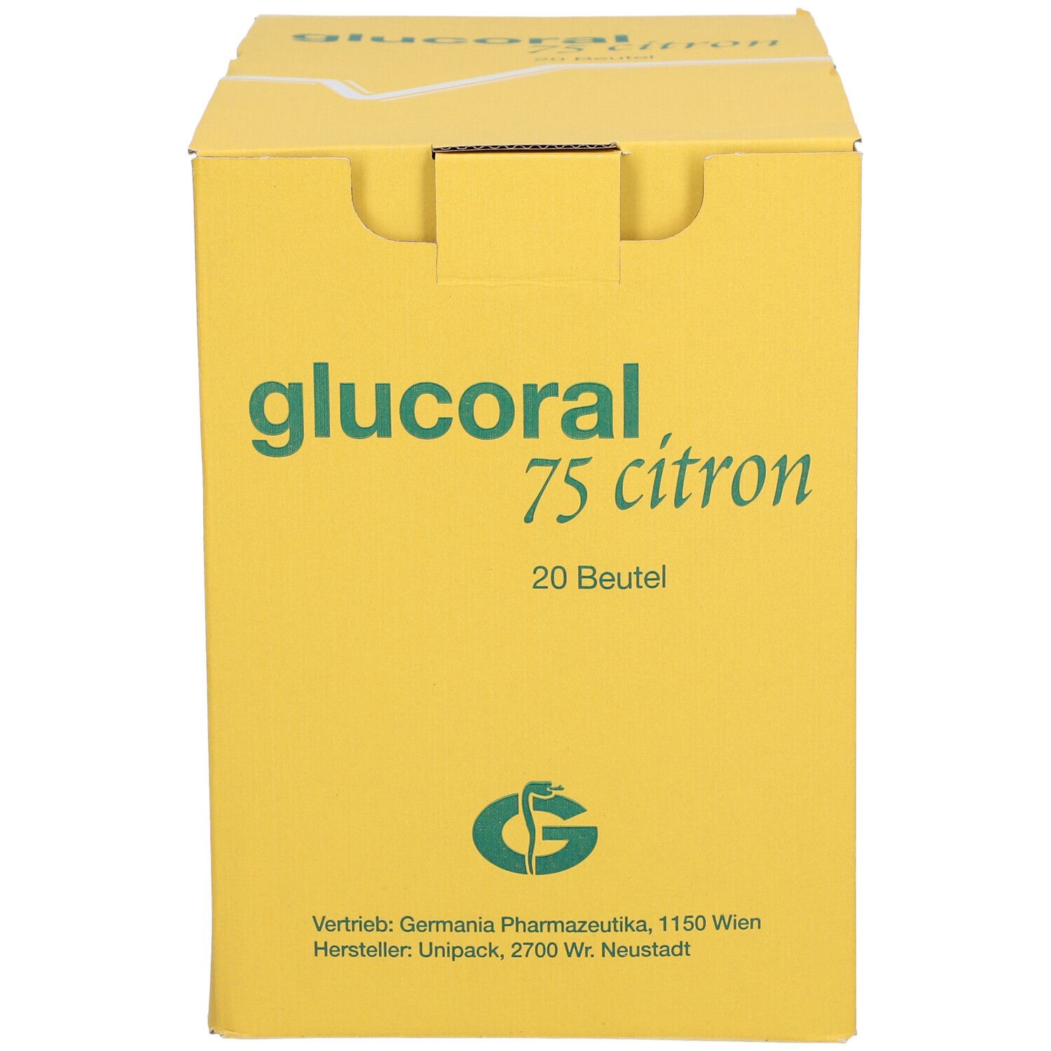 Gelbe Kartonverpackung mit grünem Schriftzug 'glucoral 75 citron'. Enthält 20 Beutel. Hersteller- und Vertriebsinformationen.