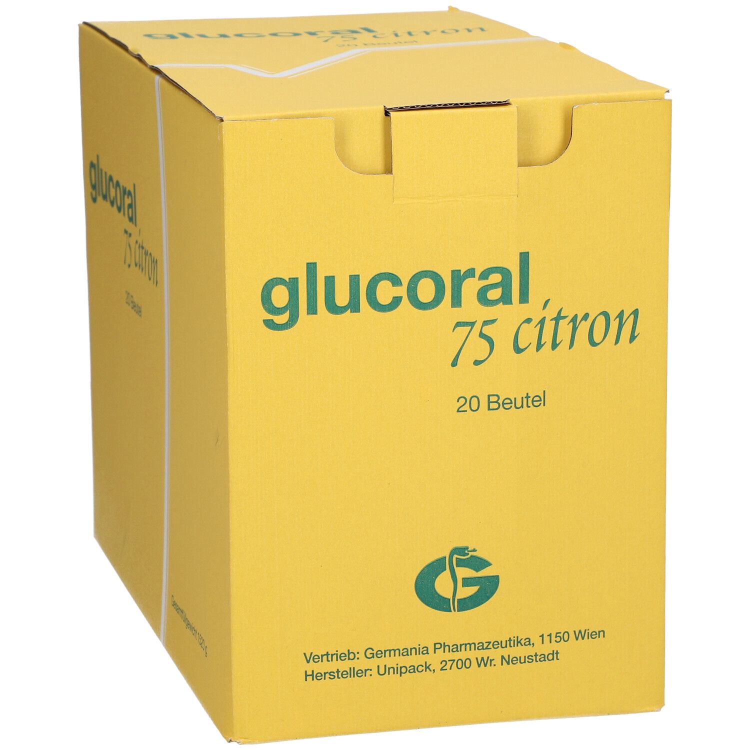 Gelbe Kartonverpackung mit grünem Schriftzug 'glucoral 75 citron'. Enthält 20 Beutel. Hersteller- und Vertriebsinformationen.
