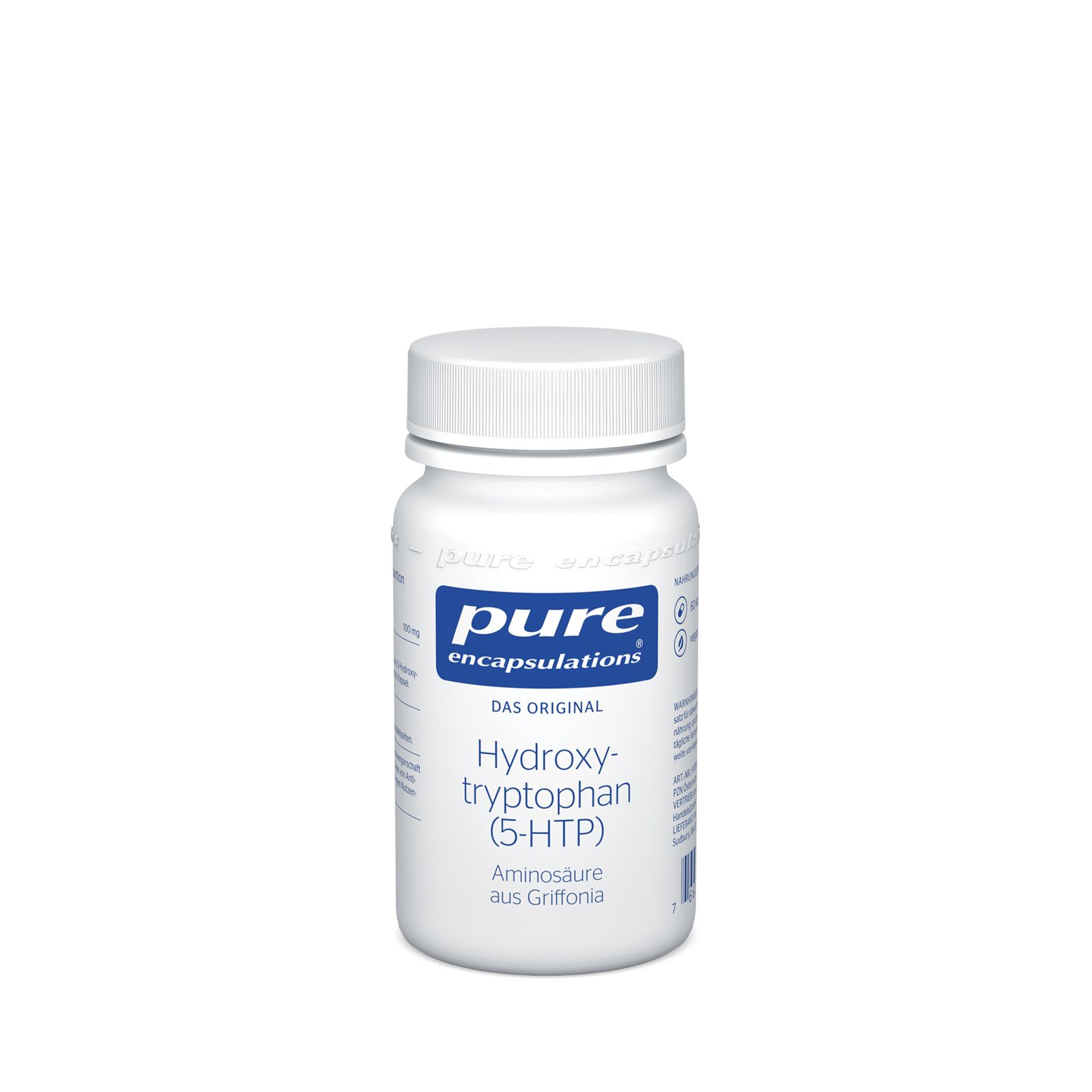 Weiße Flasche mit Kappe. Aufschrift: pure encapsulations®, Hydroxy-tryptophan (5-HTP), Aminosäure aus Griffonia.