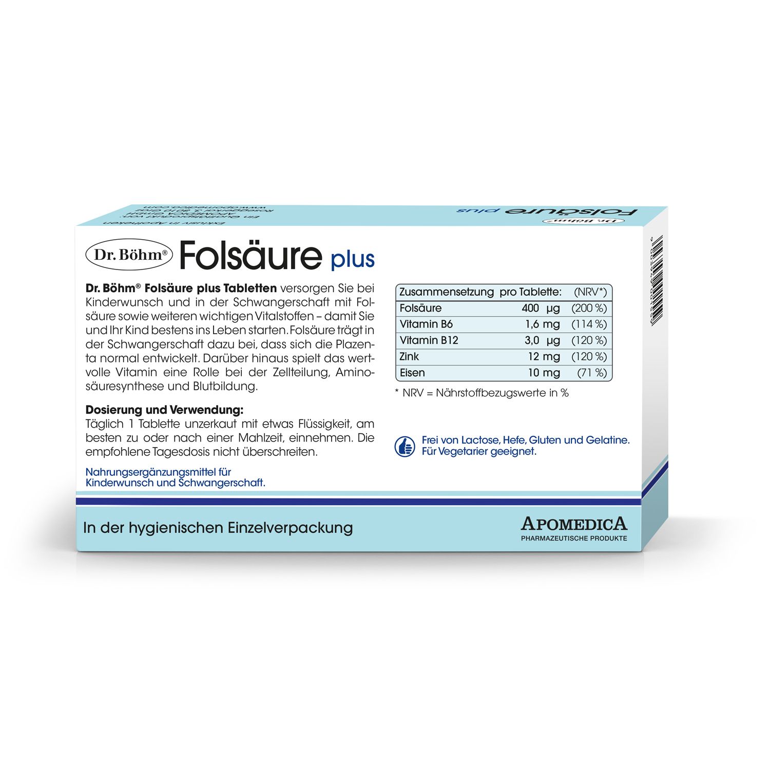 Dr. Böhm Folsäure plus Tabletten. Rückseite der Schachtel mit Produktinformationen und Inhaltsstoffen.
