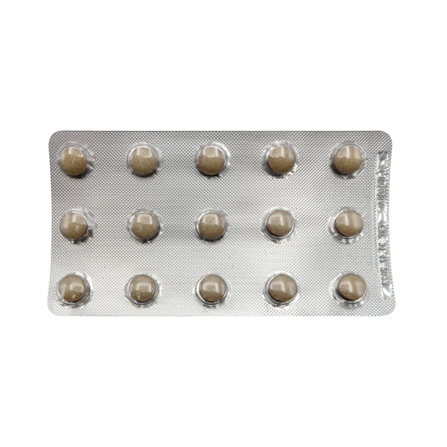 Blisterpackung mit Tabletten. 15 Tabletten in einer silbernen Blisterpackung.