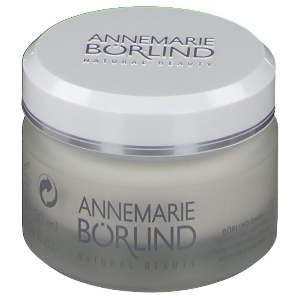 Creme-Tiegel mit weißem Deckel. Auf dem Deckel steht "ANNEMARIE BÖRLIND NATURAL BEAUTY". Auf dem Tiegel steht "ANNEMARIE BÖRLIND".