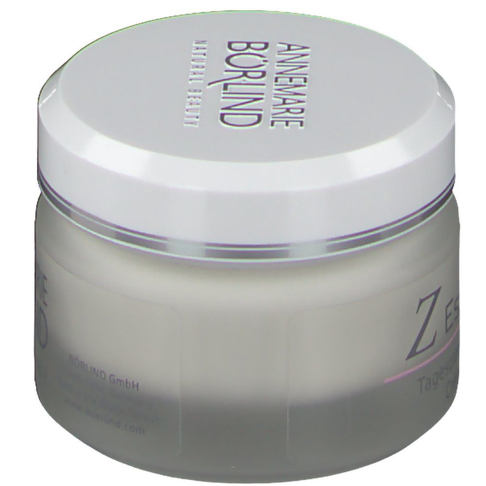 Creme-Tiegel mit weißem Deckel. Auf dem Tiegel steht "Z Essential Tagescreme". Auf dem Deckel steht "ANNEMARIE BÖRLIND NATURAL BEAUTY".