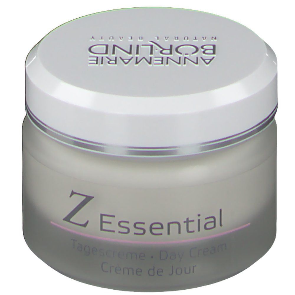 Creme-Tiegel mit weißem Deckel. Auf dem Tiegel steht "Z Essential Tagescreme. Day Cream. Creme de Jour". Auf dem Deckel steht "ANNEMARIE BÖRLIND".