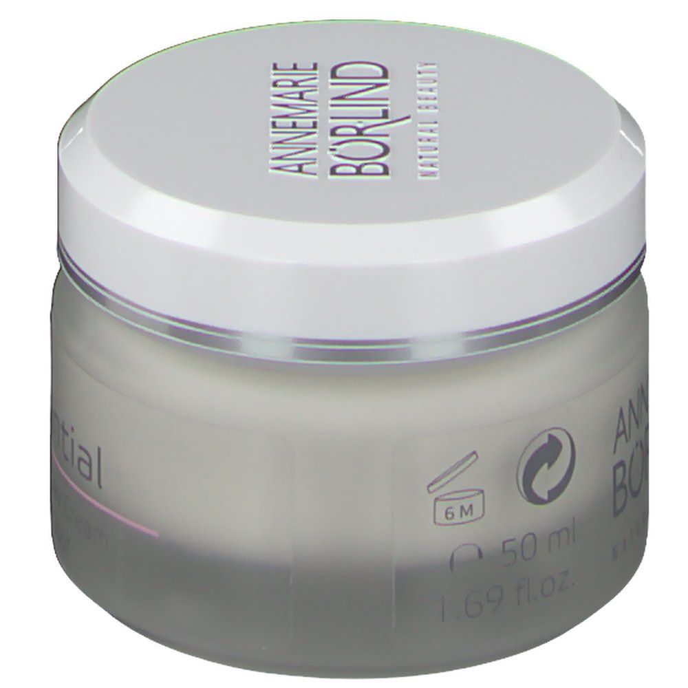 Creme-Tiegel mit weißem Deckel. Auf dem Tiegel steht "ANNEMARIE BÖRLIND". Auf dem Tiegel sind 50 ml und ein Symbol für 6M angegeben.