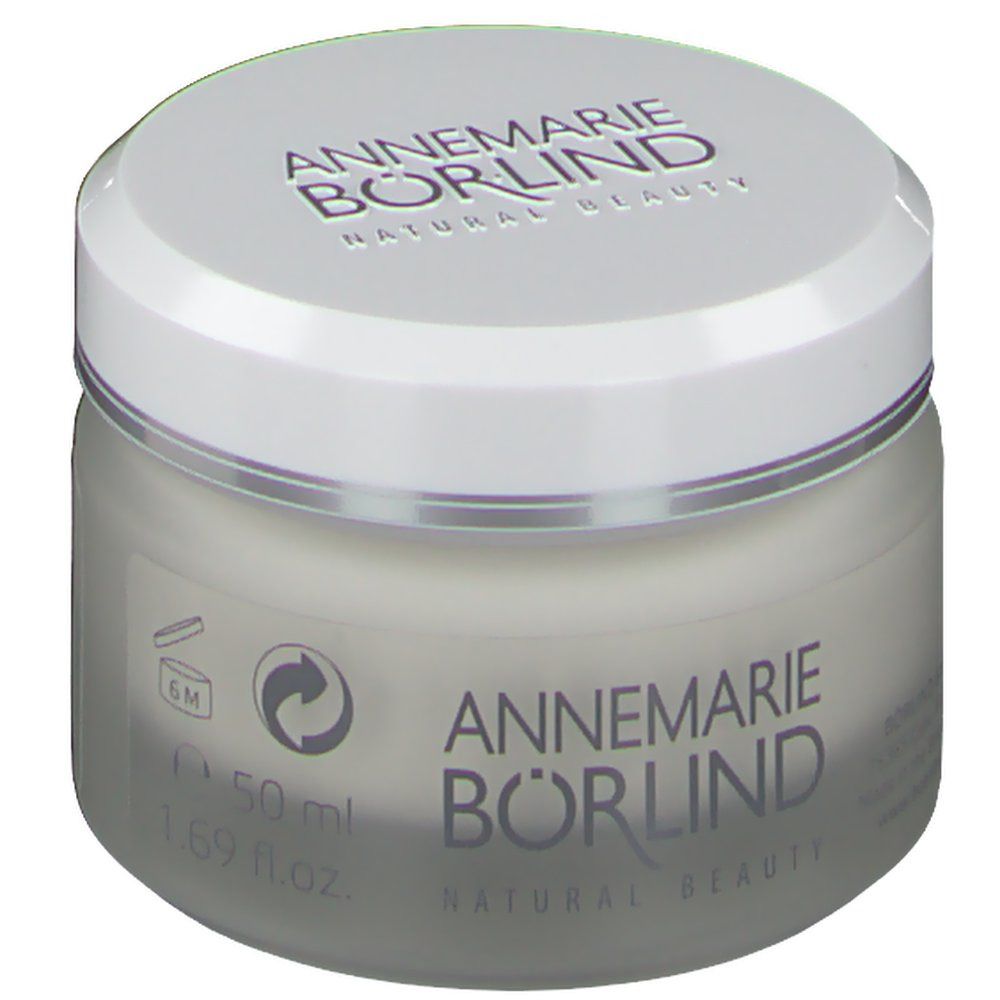 Creme-Tiegel mit weißem Deckel. Auf dem Tiegel steht "ANNEMARIE BÖRLIND". Auf dem Tiegel sind 50 ml und ein Symbol für 6M angegeben.