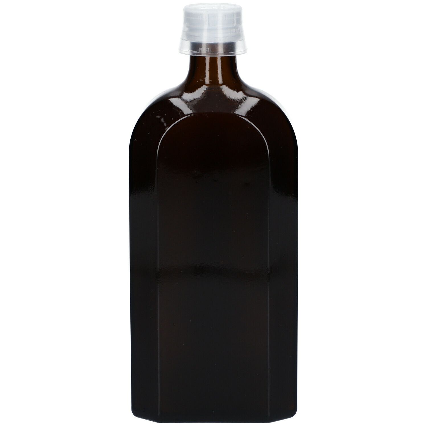 Braune, eckige Glasflasche mit weißem Verschluss. Keine Etikettierung sichtbar.