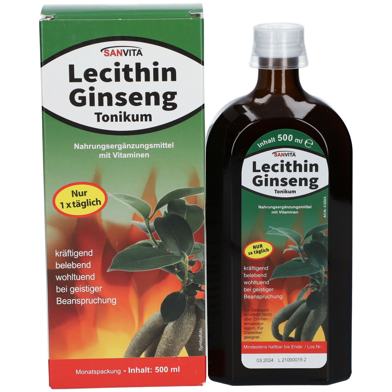 Produktflasche und Verpackung. Flasche: braunes Glas, weißer Verschluss. Verpackung: grün, weiß, Produktname, Pflanzenabbildung.