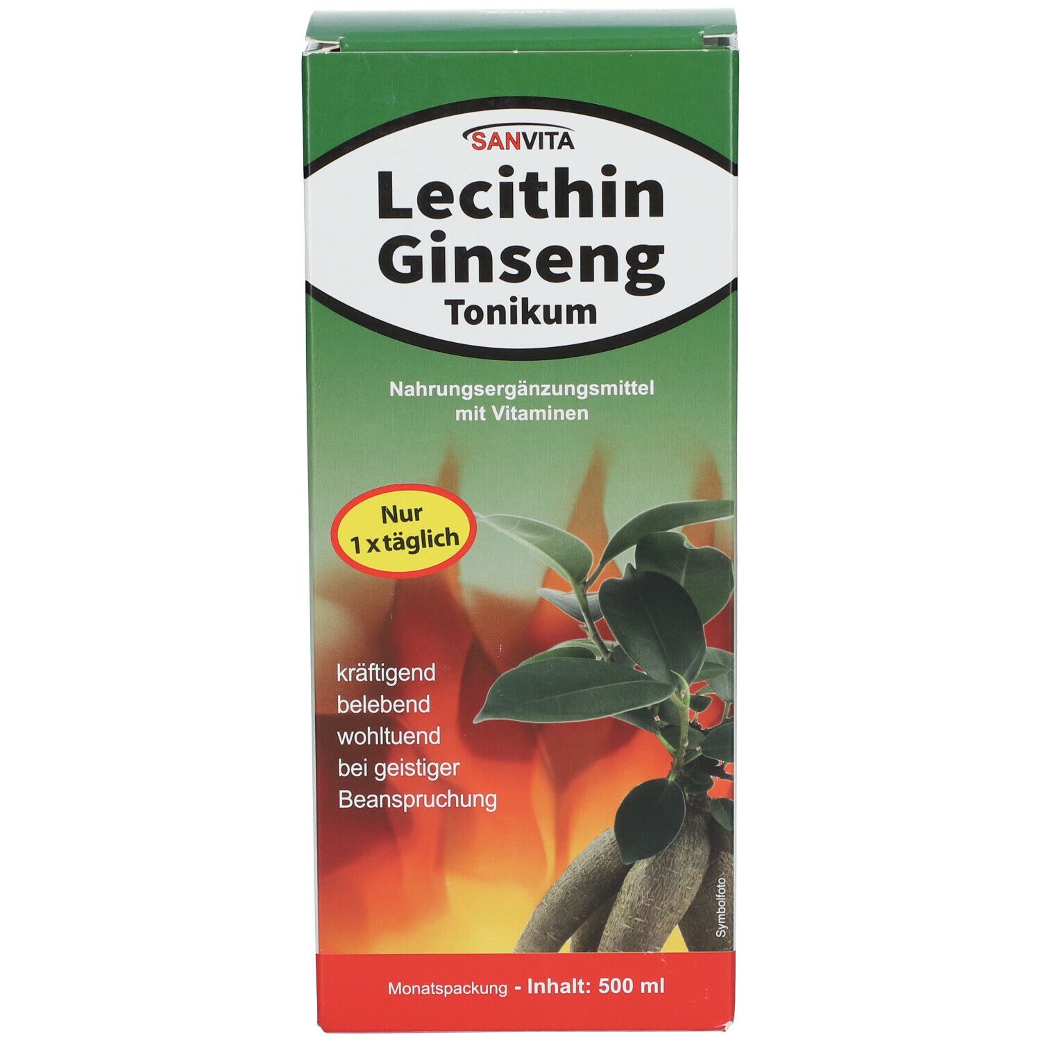 Grüne Verpackung mit Produktnamen und Pflanzenabbildung. Text: Lecithin Ginseng Tonikum. Enthält 500 ml.