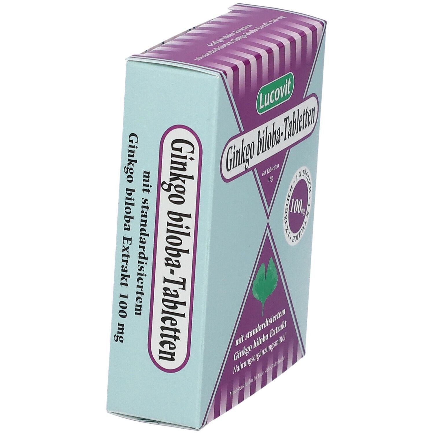 Schräg stehende Packung Lucovit Ginkgo biloba-Tabletten. Aufschrift: Ginkgo biloba-Tabletten, 100 mg.