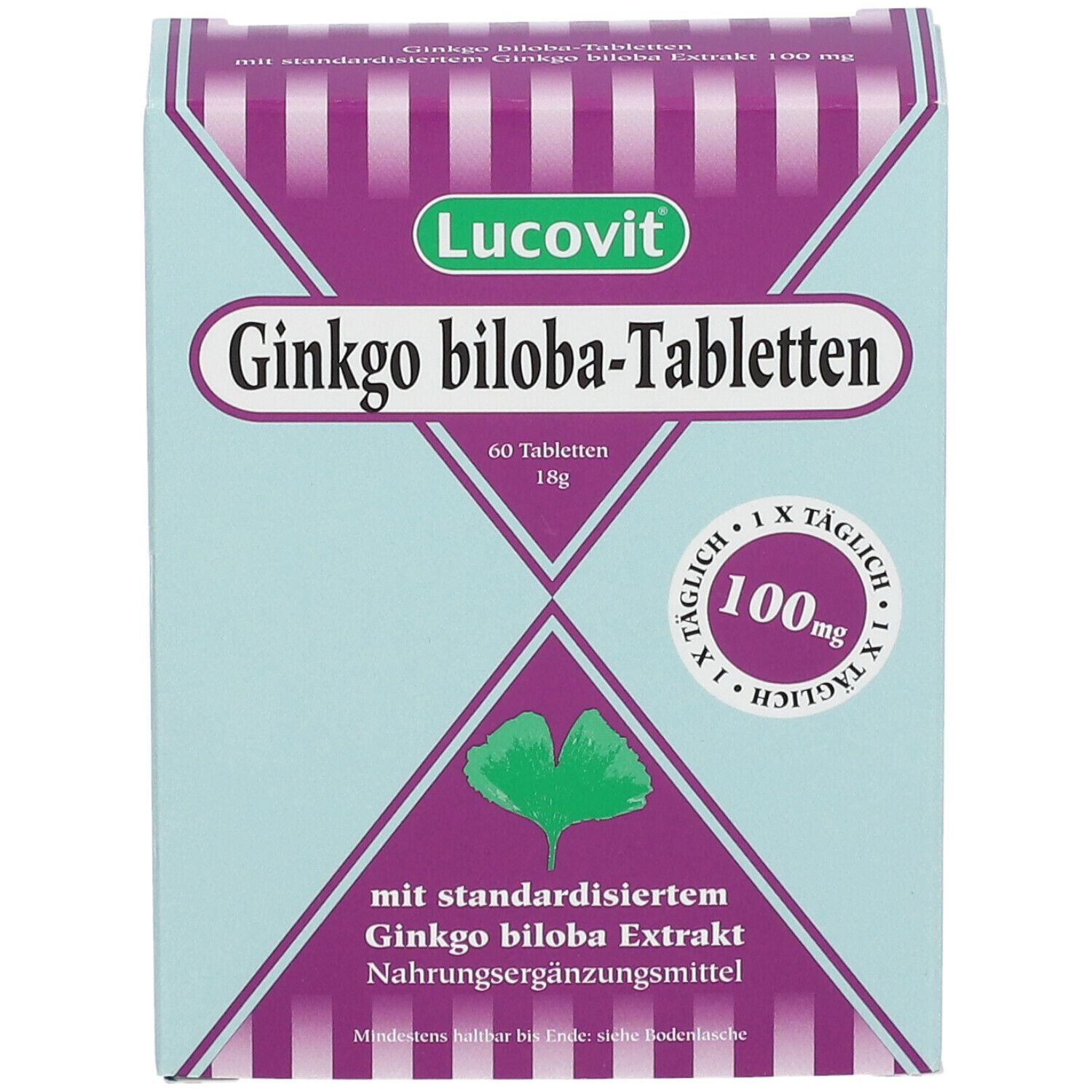 Packung Lucovit Ginkgo biloba-Tabletten. Aufschrift: Ginkgo biloba-Tabletten, 100 mg, 60 Tabletten.