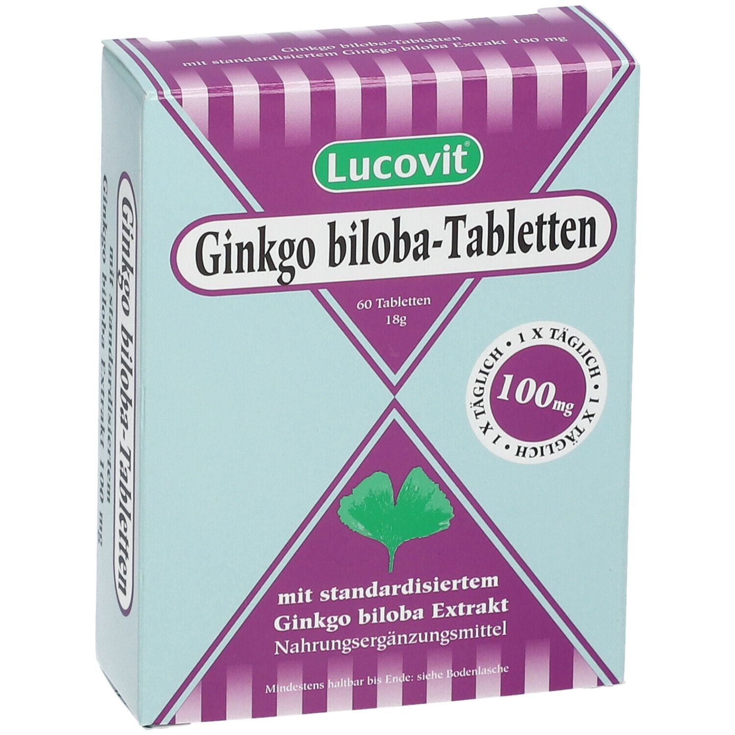 Packung Lucovit Ginkgo biloba-Tabletten. Aufschrift: Ginkgo biloba-Tabletten, 100 mg, 60 Tabletten.