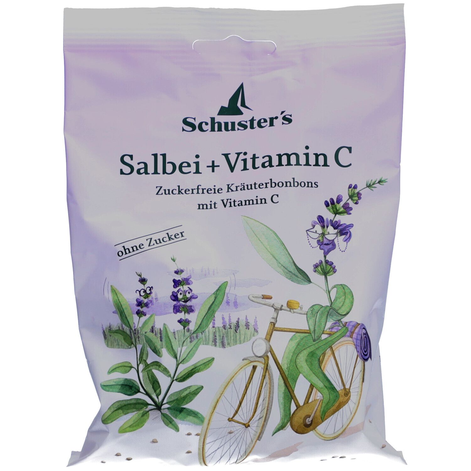 Beutel mit Salbei + Vitamin C Bonbons. Illustration: Fahrrad, Salbeipflanze, Schriftzug.