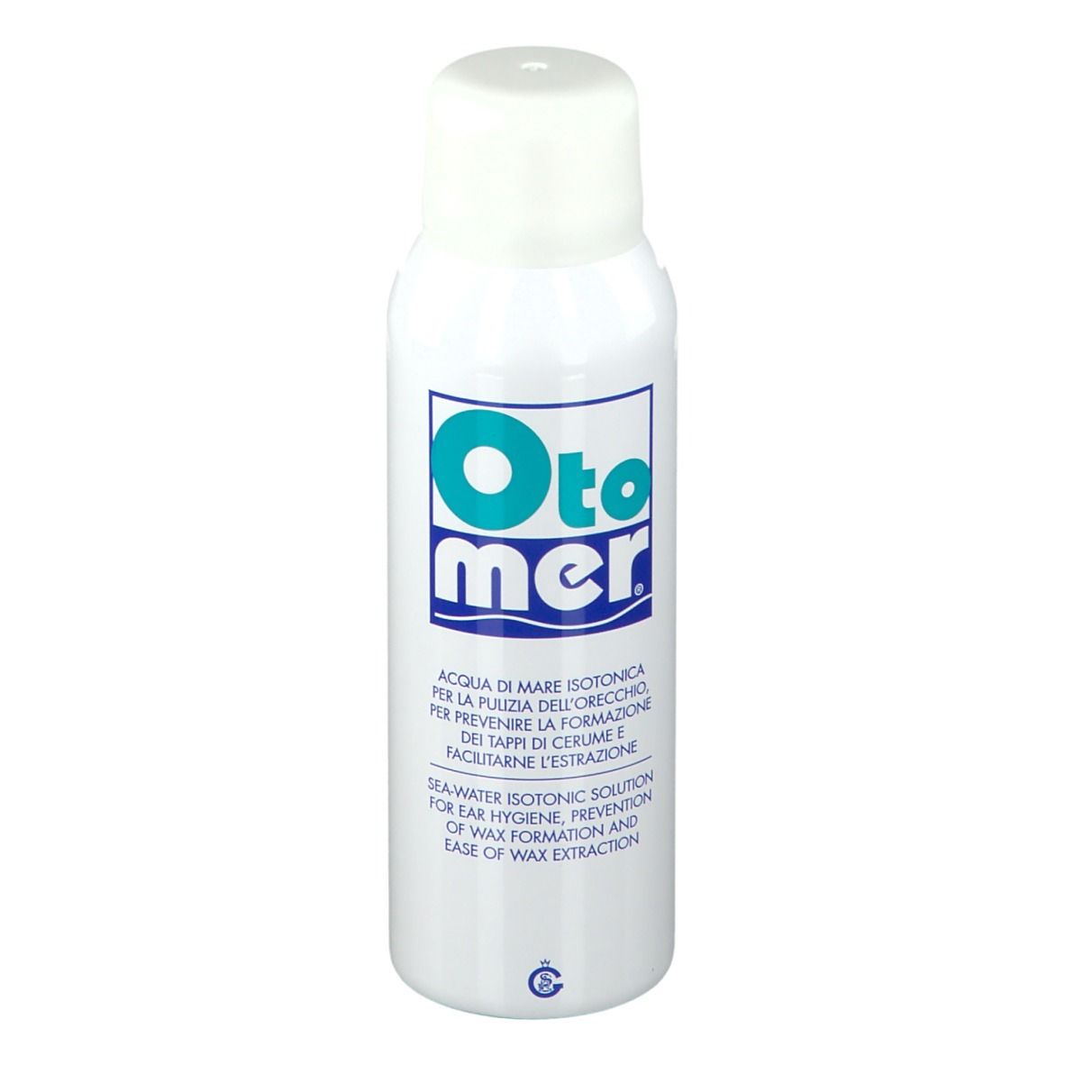 Weiße Sprühflasche mit blau-türkisem Logo. Text: Otomer, Aqua di mare isotonica. Für Ohrhygiene.
