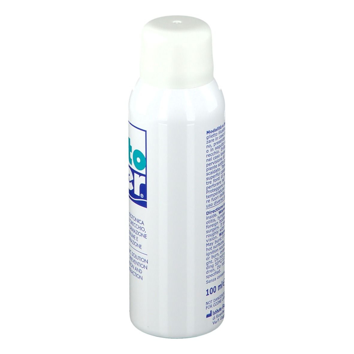 Weiße Sprühflasche mit blau-türkisem Logo. Text: Otomer, Aqua di mare isotonica. Für Ohrhygiene. Seitenansicht.