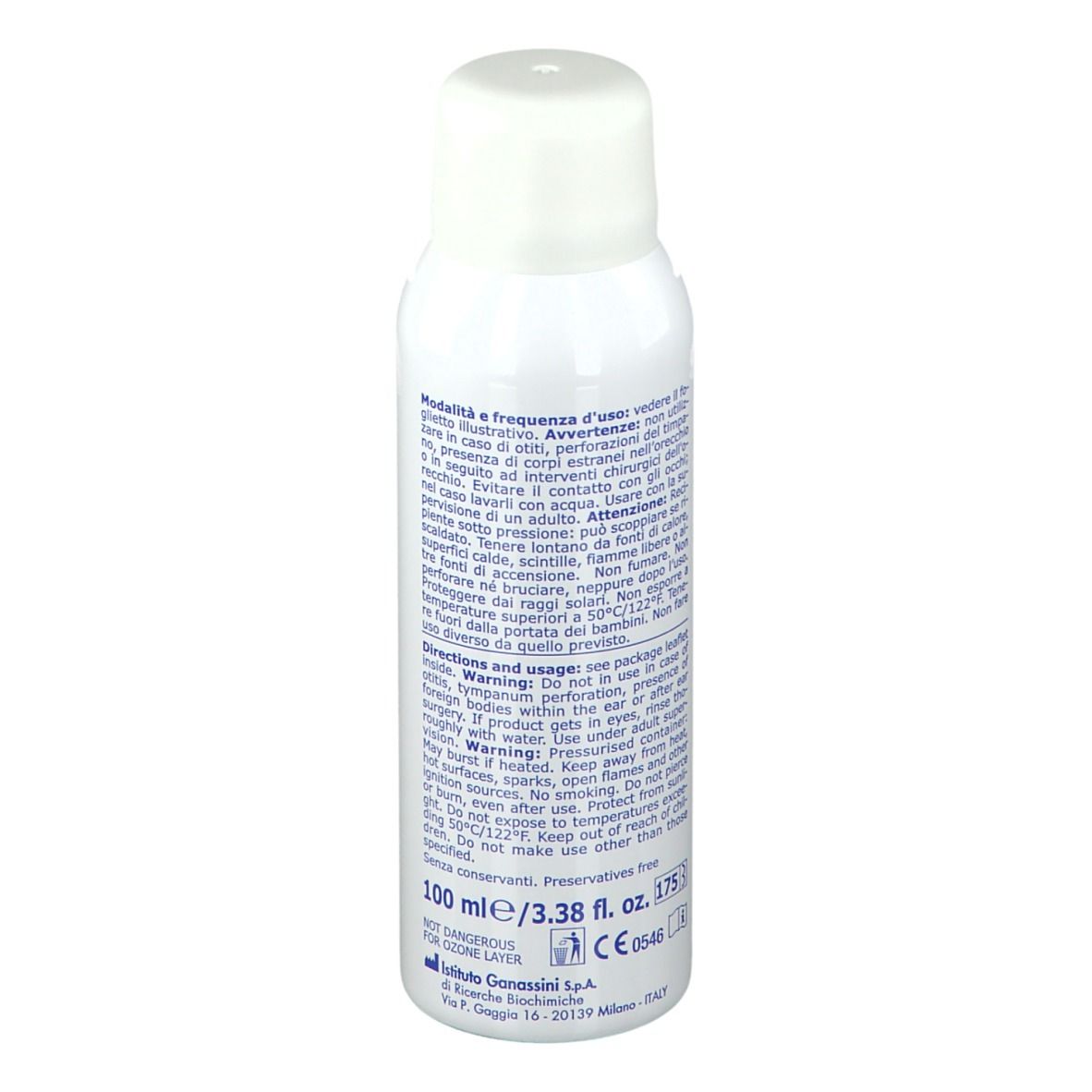 Weiße Sprühflasche mit Text. Text: Otomer, Aqua di mare isotonica. Für Ohrhygiene. Rückansicht mit Text.
