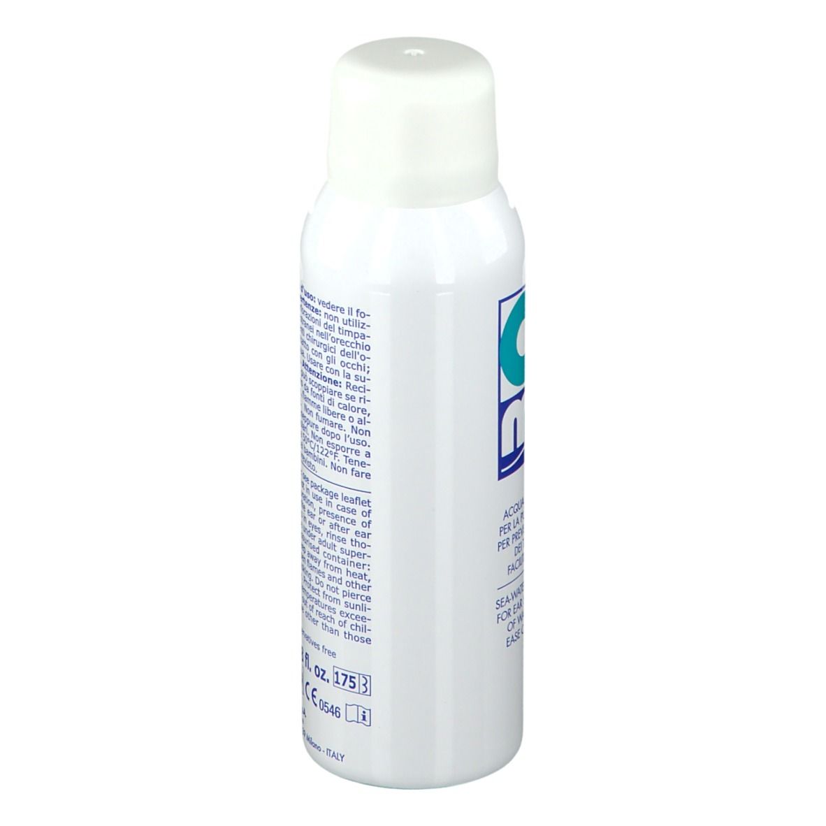 Weiße Sprühflasche mit blau-türkisem Logo. Text: Otomer, Aqua di mare isotonica. Seitenansicht.