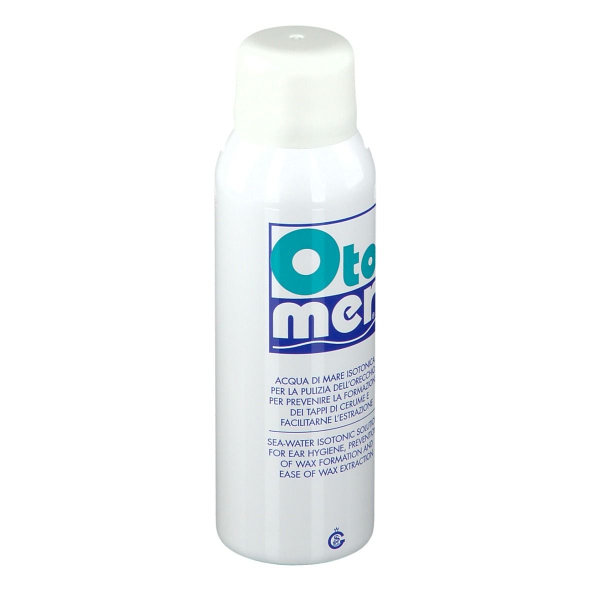 Weiße Sprühflasche mit blau-türkisem Logo. Text: Otomer, Aqua di mare isotonica. Für Ohrhygiene.