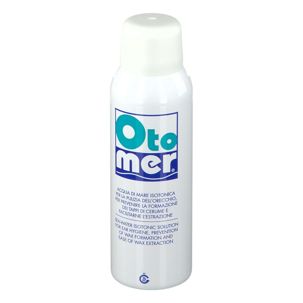 Weiße Sprühflasche mit blau-türkisem Logo. Text: Otomer, Aqua di mare isotonica. Für Ohrhygiene.