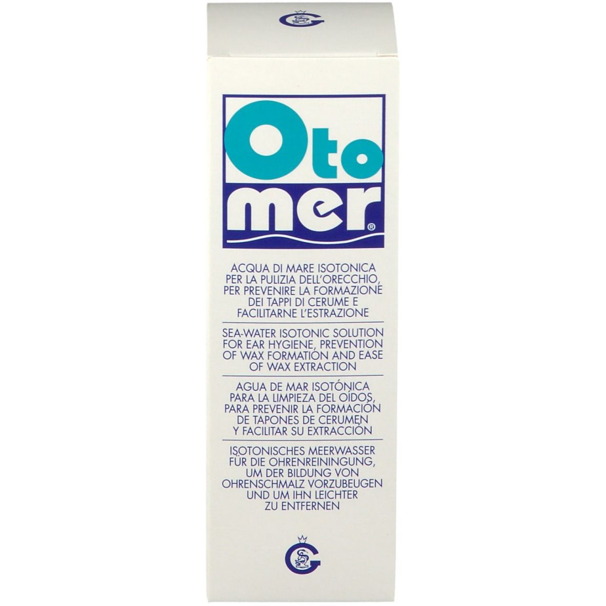 Verpackung Otomer. Text: Aqua di mare isotonica. Für Ohrhygiene. Mit Logo.