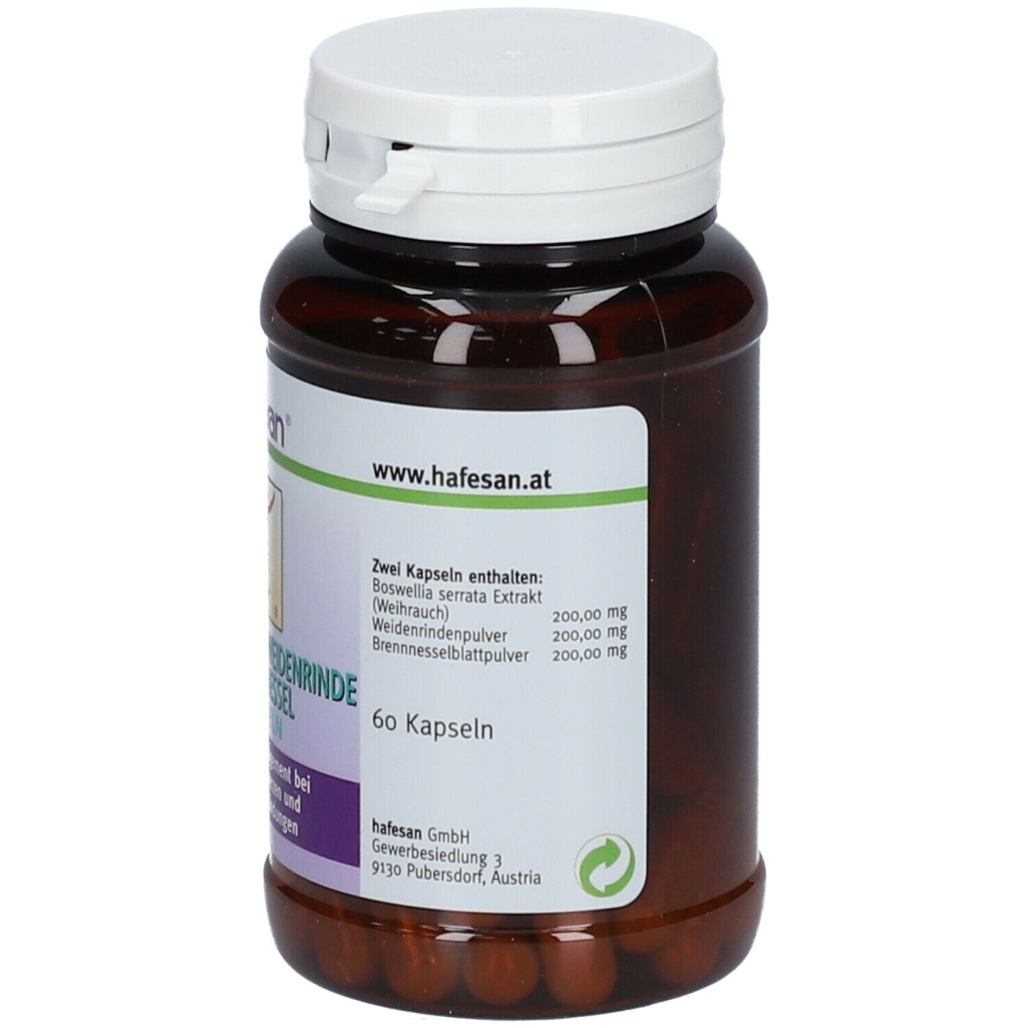 Braune Kapsel-Dose mit weißem Deckel. Aufschrift: hafesan, Weihrauch-Weidenrinde-Brennessel Kapseln. 60 Kapseln. Inhaltsangabe.