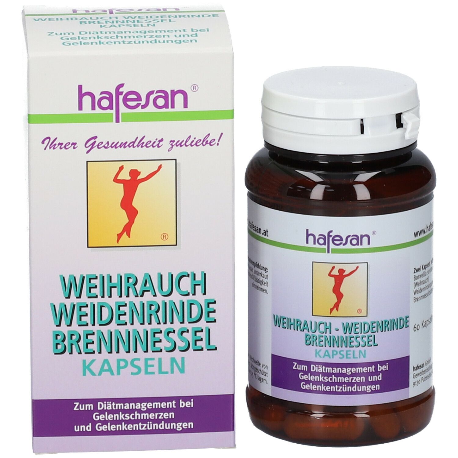 Braune Kapsel-Dose und Schachtel. Aufschrift: hafesan, Weihrauch-Weidenrinde-Brennessel Kapseln. 60 Kapseln. Logo.